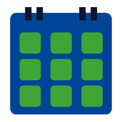 Blue and green calendar graphic. Calendar of events